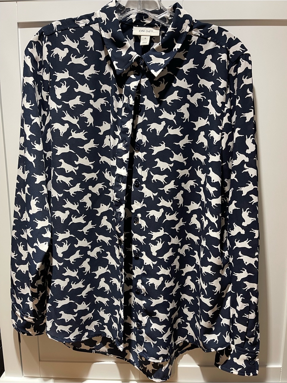 Navy and White dog Print Button-Down Blouse